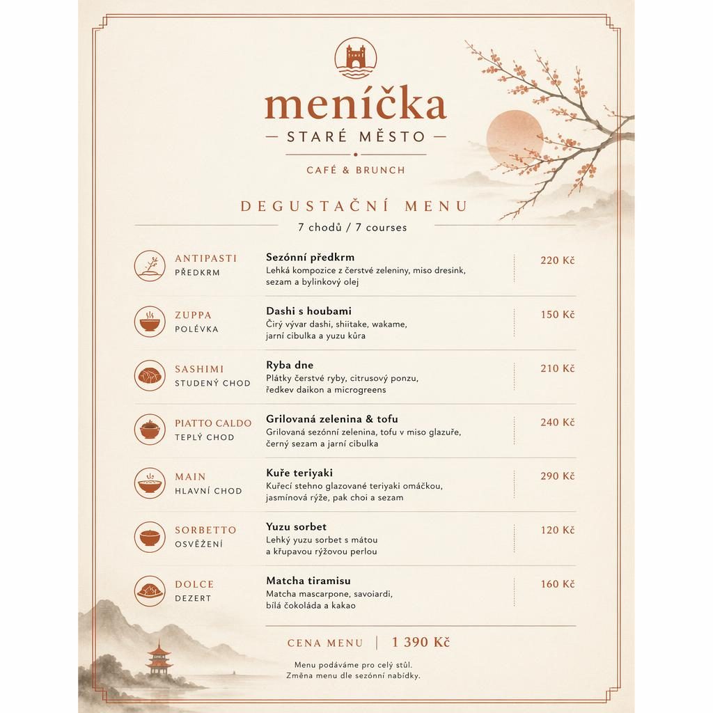 A4 menu karta na výšku pro kavárnu a brunch, teplá krémová a rezavá paleta, japonský kaiseki styl a ceny.