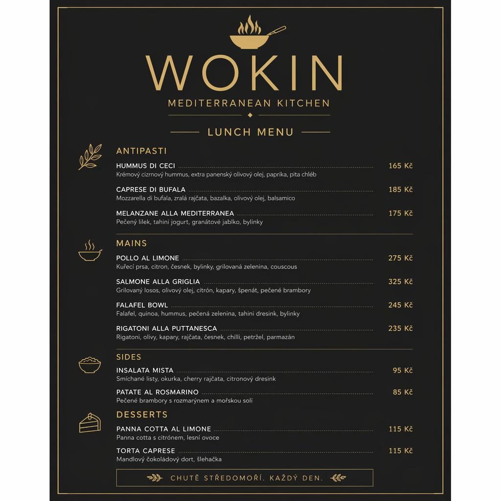 Tisková karta obědového menu Wokin ve formátu A4 na výšku, černo-zlatá paleta, sekce jídel a sloupec s cenami.