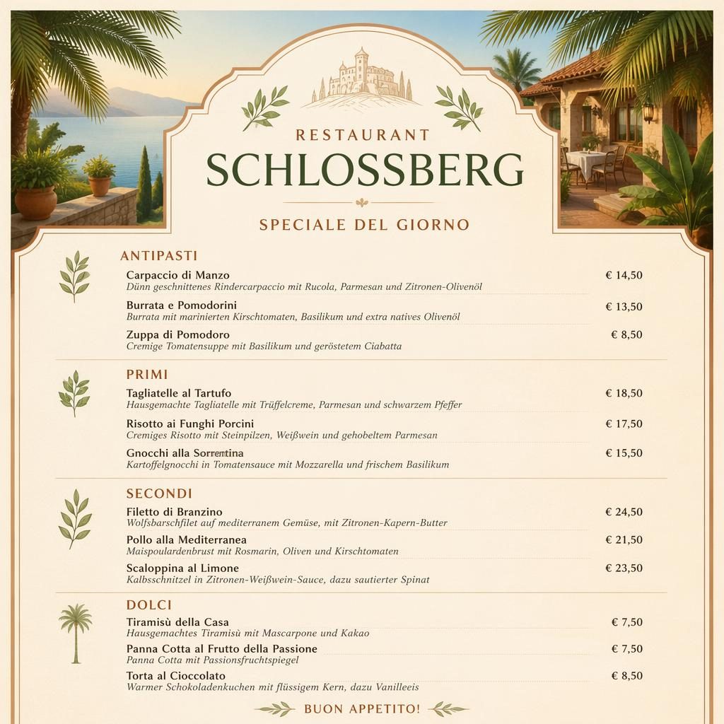 A4-Menükarte für Restaurant Schlosberg im tropischen Resort-Stil mit Tagesgerichten, warmen Erdtönen und Preisspalte