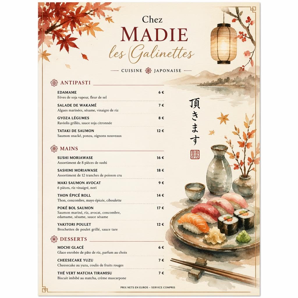 Carte des vins A4 en style aquarelle automnal, avec en-tête décoratif, rubriques, typographie de menu et colonne de prix.