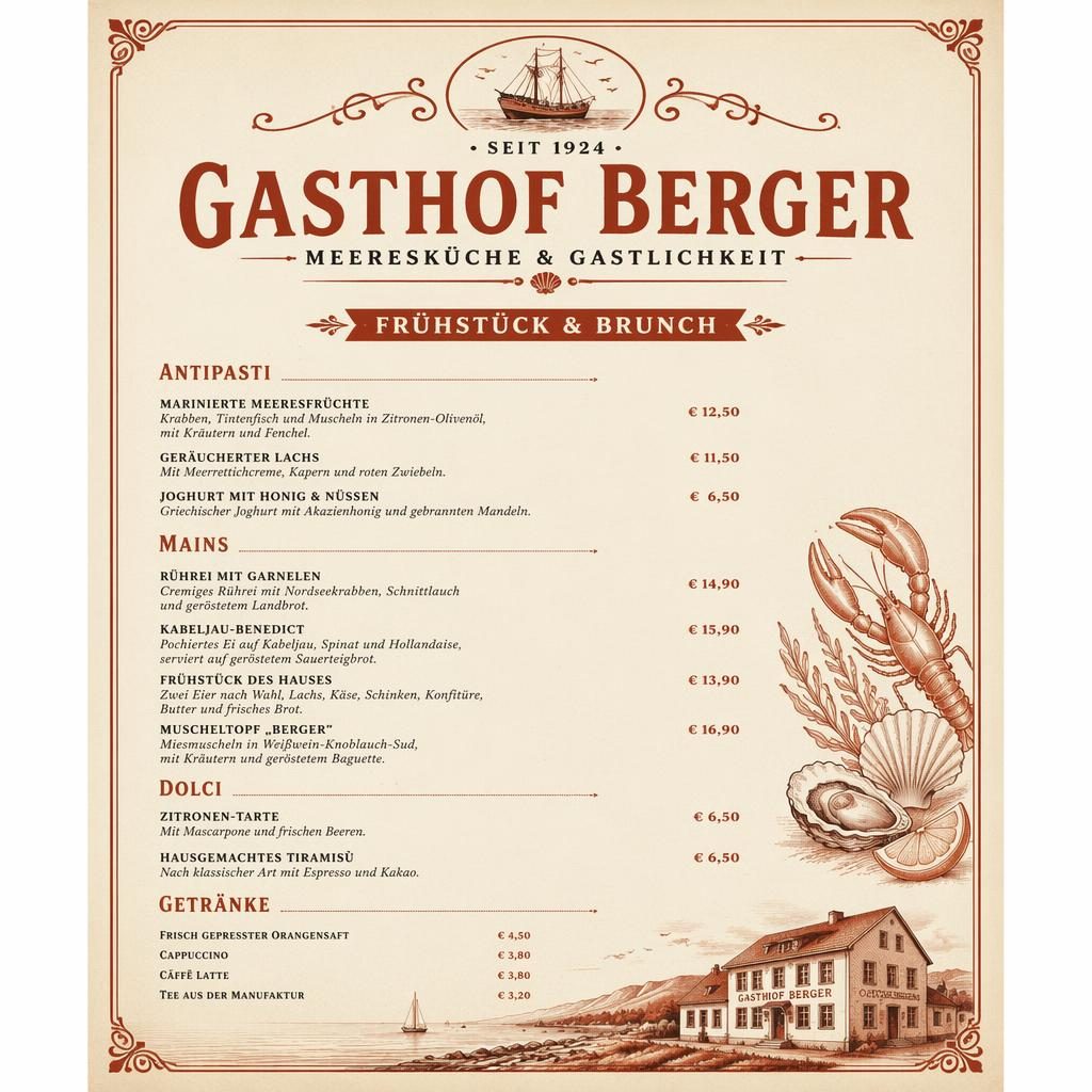 A4-Menükarte für Gasthof Berger mit Vintage-1920er-Design, creme-rostfarbener Palette, Zierkopf, Rubriken und Preisen