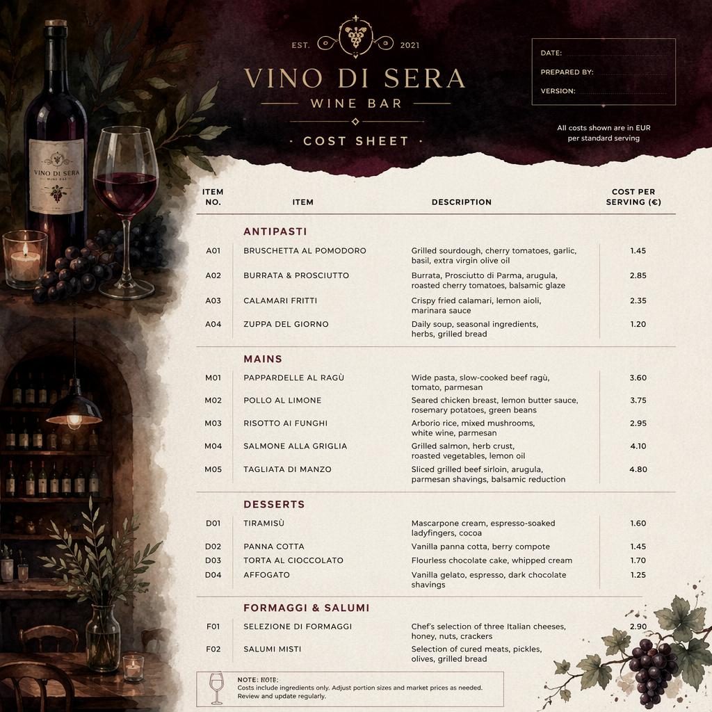 A4 portrait wine bar menu card with watercolor styling, dark moody palette, decorative header, sections, dishes, and prices.