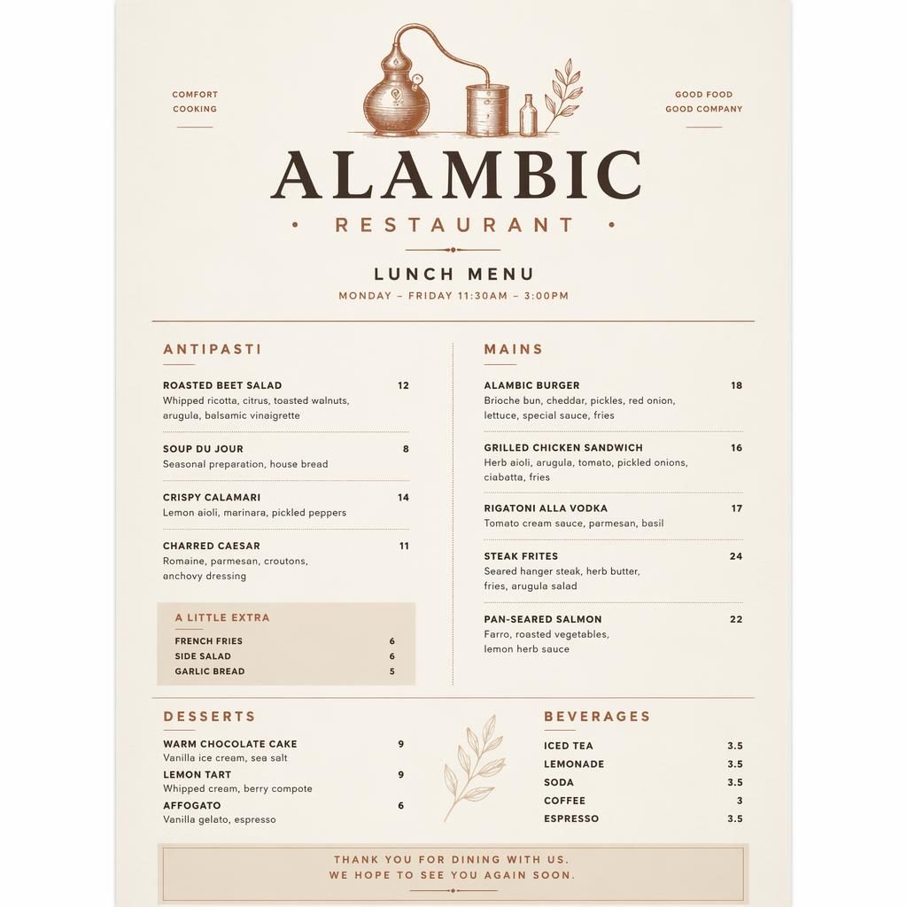 Carte de menu déjeuner A4 portrait pour alambic restaurant, design suisse minimaliste, palette terre chaude, rubriques et prix.
