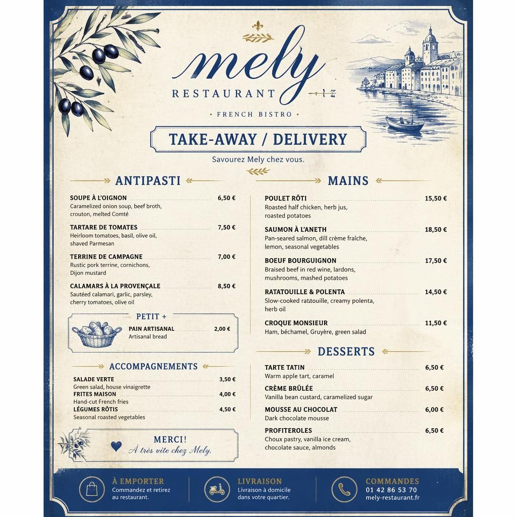 A4 menu karta mely restaurant na výšku v rustikálním stylu, modro-krémová paleta, sekce jídel a sloupec s cenami.