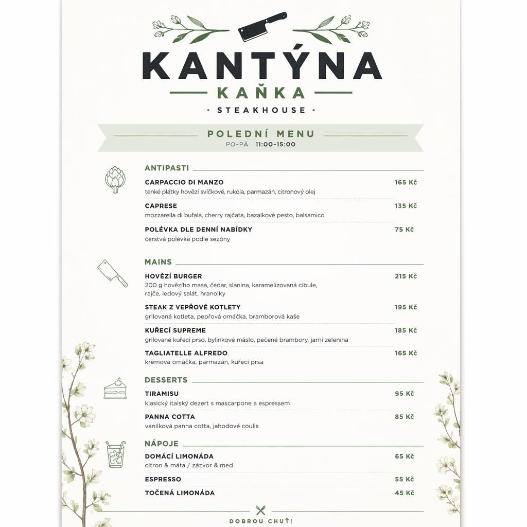 Minimalistický jídelní lístek A4 pro kantýna kaňka, obědové menu se sekcemi, cenami a svěží jarní paletou.