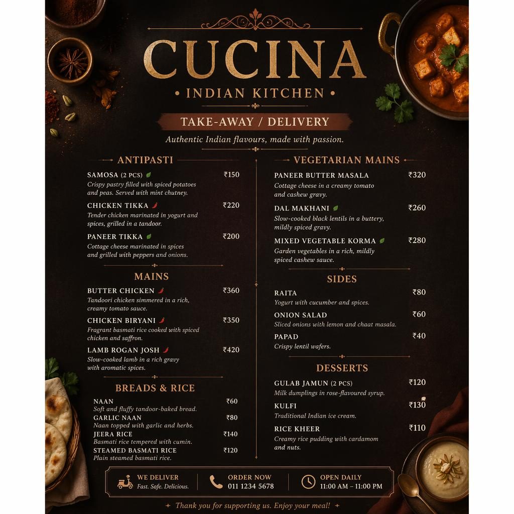 A4-Menükarte für Restaurant Cucina im indischen Stil, dunkel-rustikal mit dekorativer Kopfzeile, Rubriken und Preisspalte.