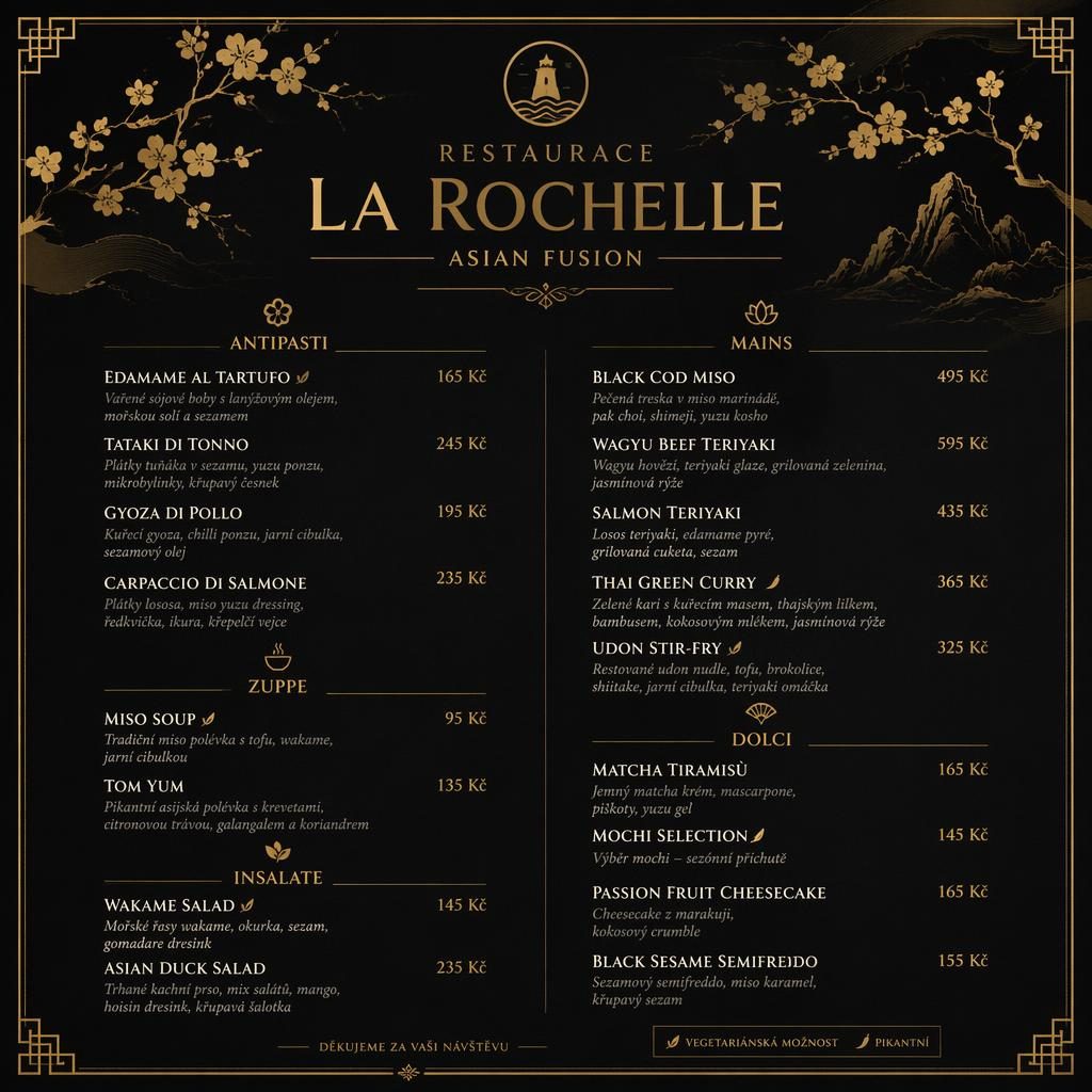 Luxusní A4 menu restaurace la rochelle v černo-zlatém stylu s hlavičkou, sekcemi, popisy jídel a sloupcem cen.