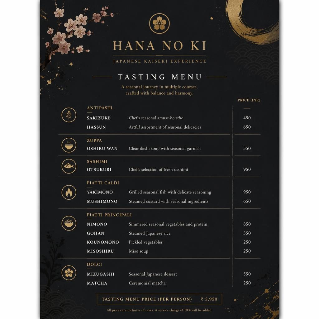Tarjeta de menú A4 vertical con diseño kaiseki japonés, paleta oscura, tipografía limpia, precios y encabezado decorativo.