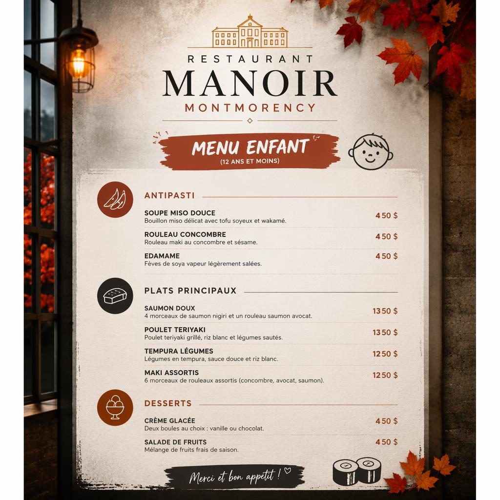 Carte de menu enfant sushi A4 en portrait pour restaurant manoir montmorency, style loft industriel, palette automnale.