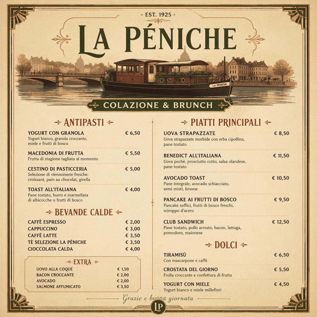 Carte de menu italienne brunch au format A4 portrait, style vintage années 1920, tons terre chauds, en-tête décoratif et colonne de prix.