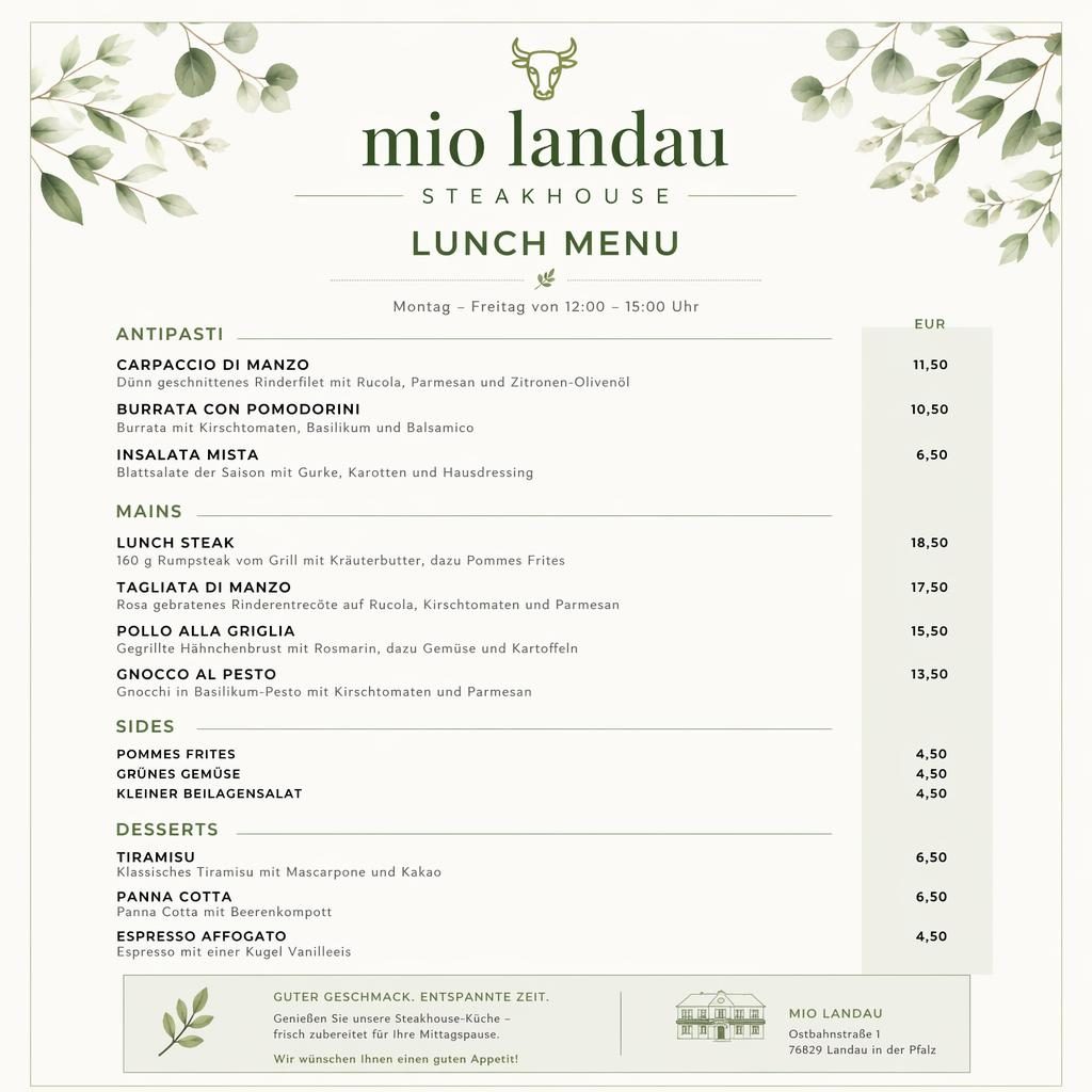 Minimalistische A4-Lunchkarte für ein Steakhouse mit dekorativem Header, Rubriken, Platzhaltertext und Preisspalte.