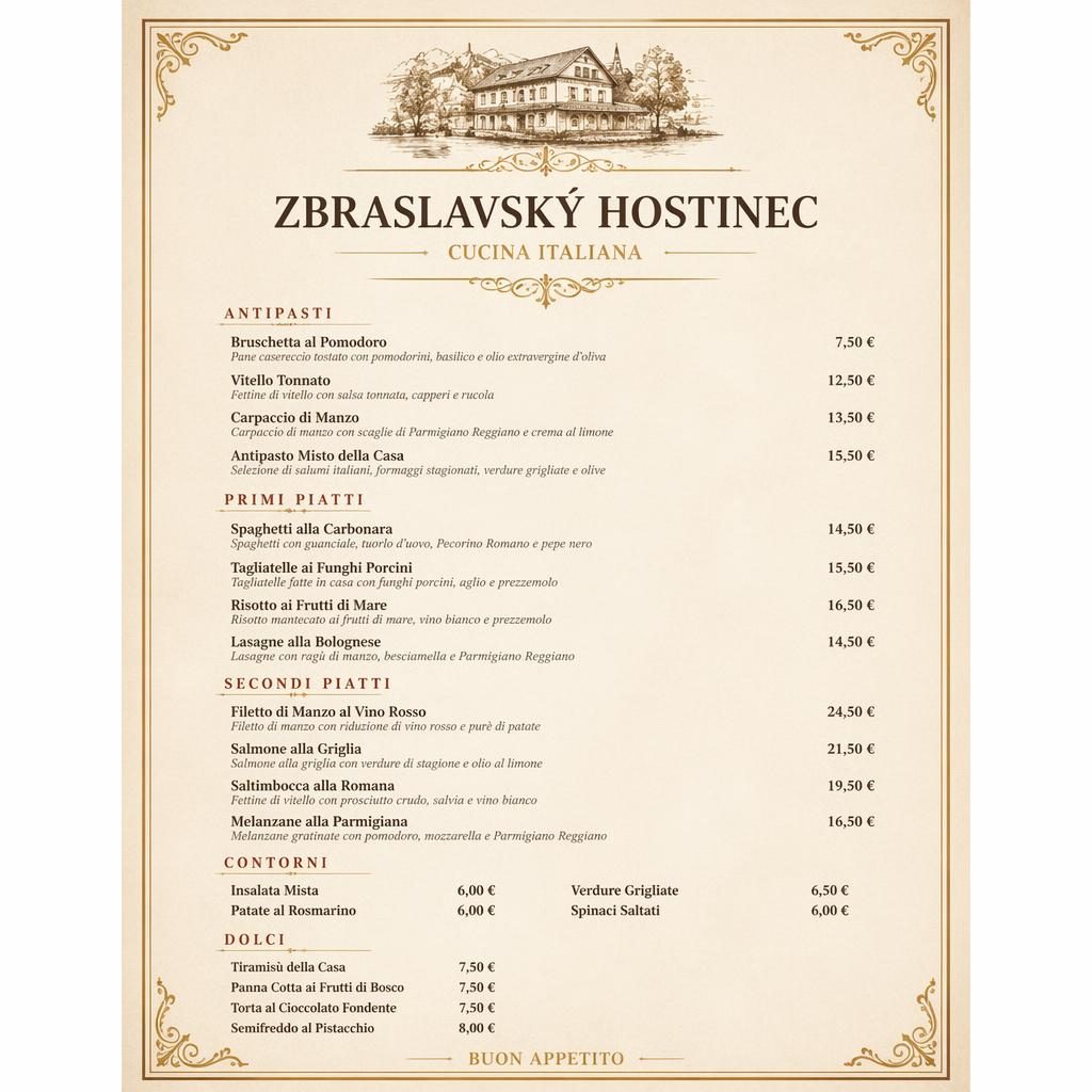 A4 menu karta italské večeře pro zbraslavský hostinec v teplé zemité paletě s dekorativní hlavičkou a cenami.