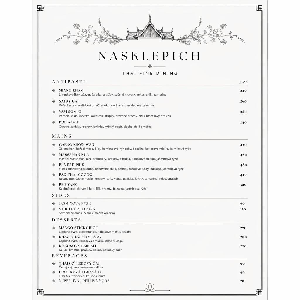 A4 menu karta nasklepich v portrétu, luxusní monochromní layout s dekorativní hlavičkou, sekcemi jídel a sloupcem cen.
