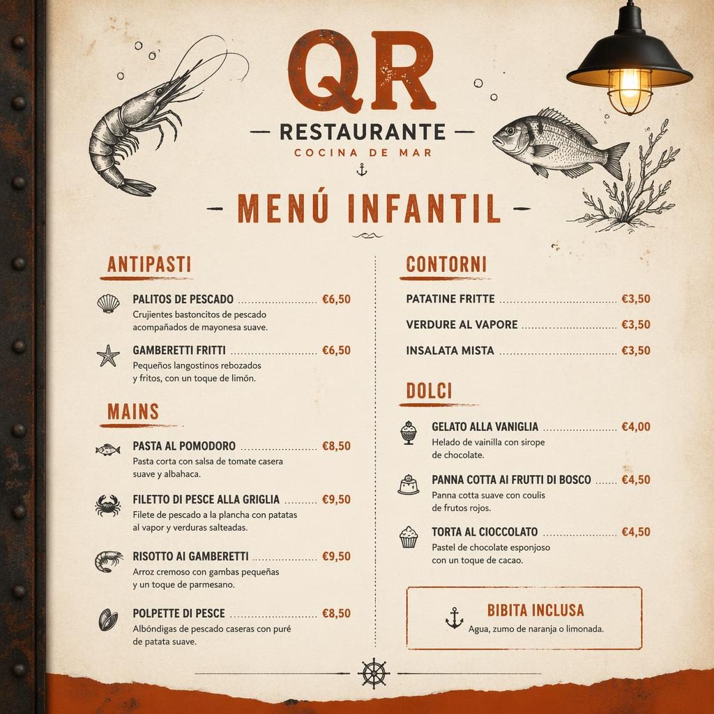 Tarjeta de menú infantil de mariscos en formato A4 vertical, estilo loft industrial en crema cálido y óxido.