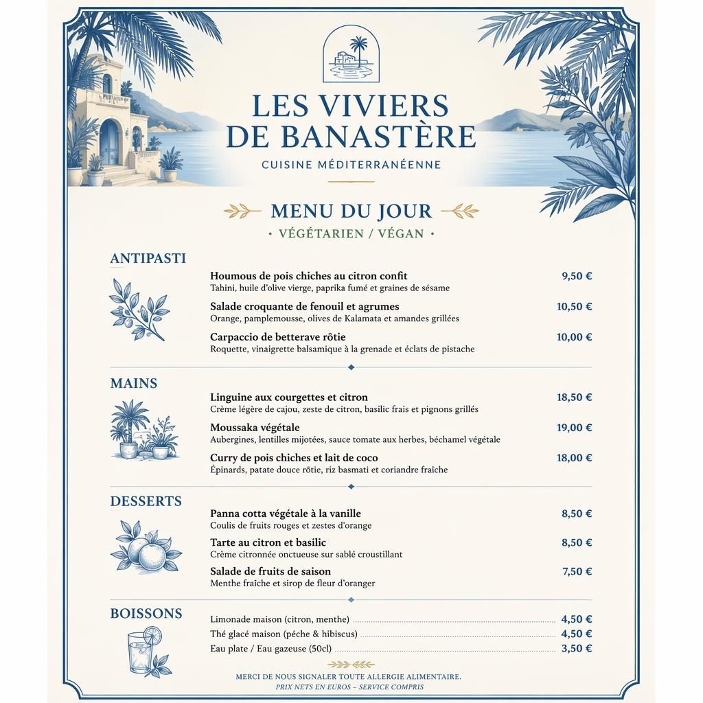 Carte de menu A4 portrait style resort tropical, bleu méditerranéen et crème, avec rubriques, plats fictifs et colonne de prix.