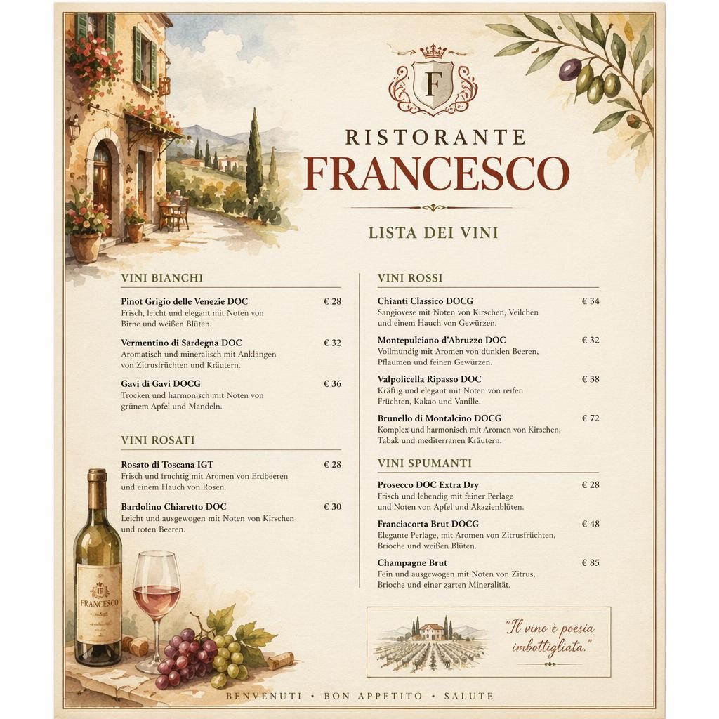 A4-Weinkarte für ristorante francesco im Aquarellstil, warme Erdtöne, dekorativer Kopf, Platzhaltertext und Preise.