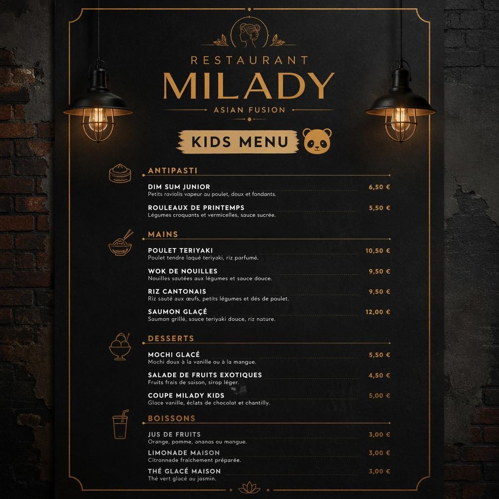Carte menu enfant A4 en portrait pour restaurant milady, style loft industriel noir et or, avec rubriques, plats factices et prix.