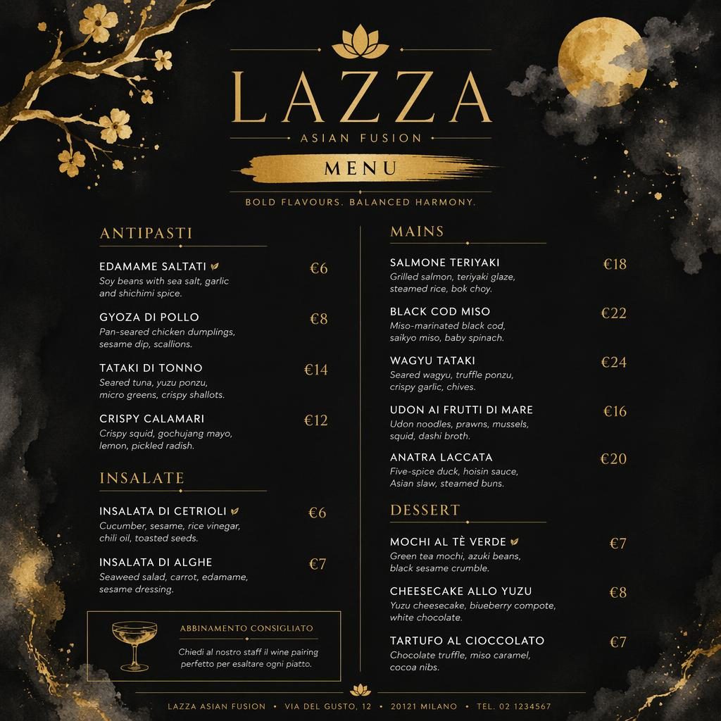 A4 vinný lístek lazza menu v černozlaté paletě, akvarelový cozy styl, dekorativní záhlaví a sloupce s cenami.