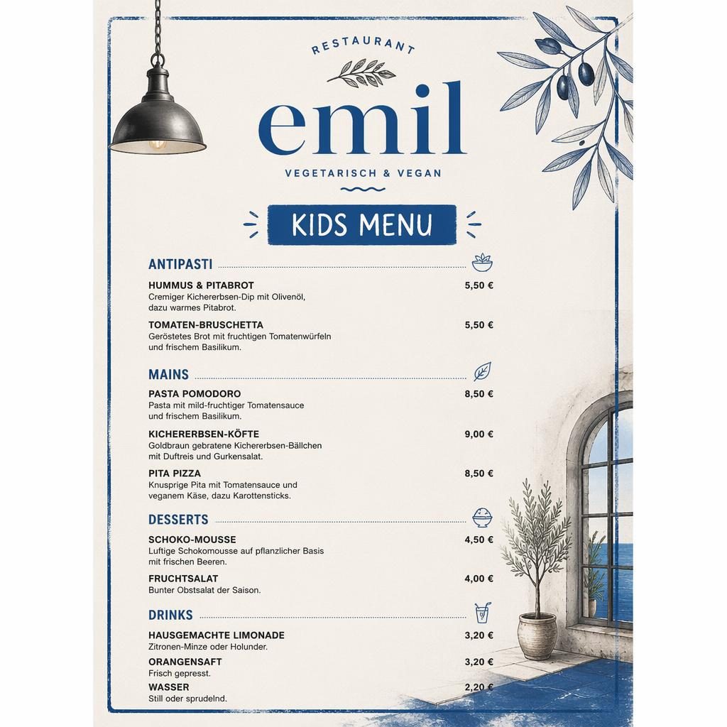 A4-Menükarte für Restaurant Emil, Kinderkarte in mediterranem Blau und Creme im Industrial-Loft-Design mit Preisen