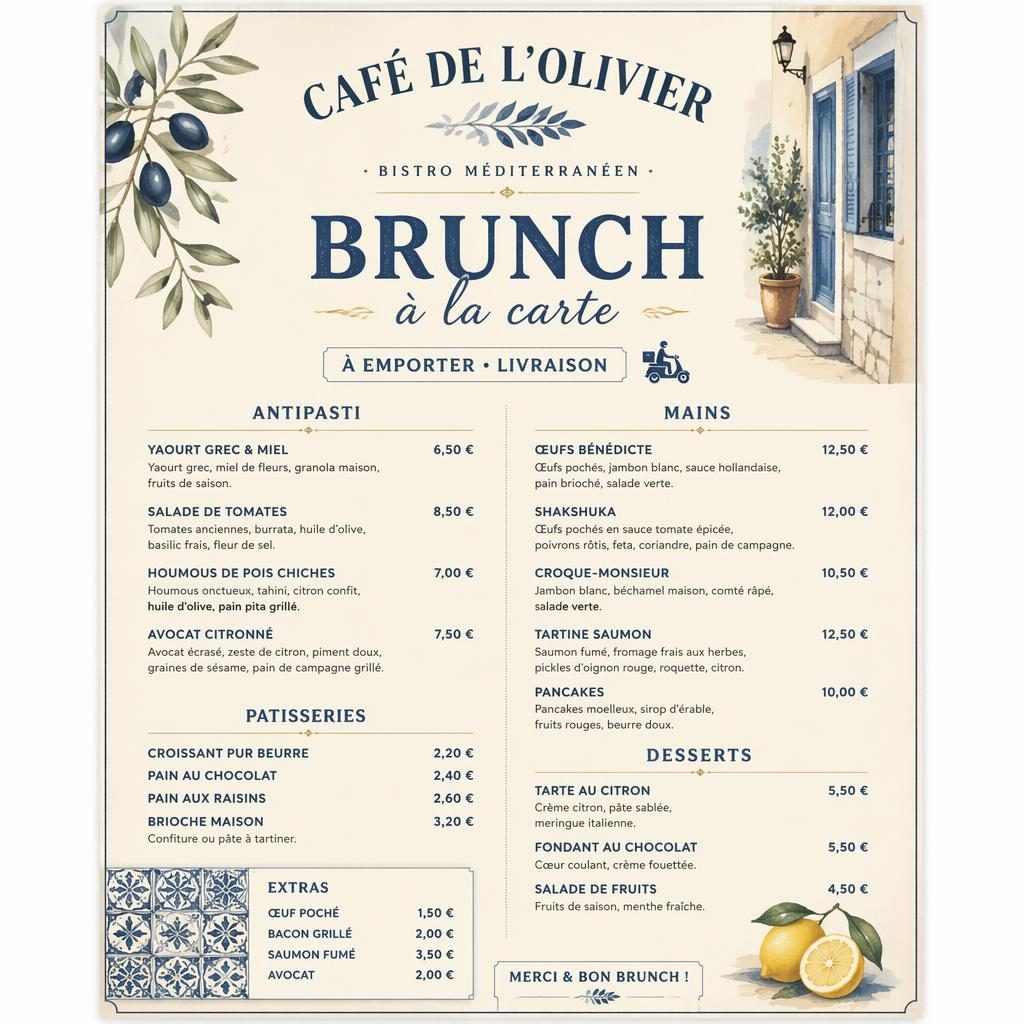 Carte de menu brunch a la carte A4 portrait, style bistrot rustique, tons bleu méditerranéen et crème.