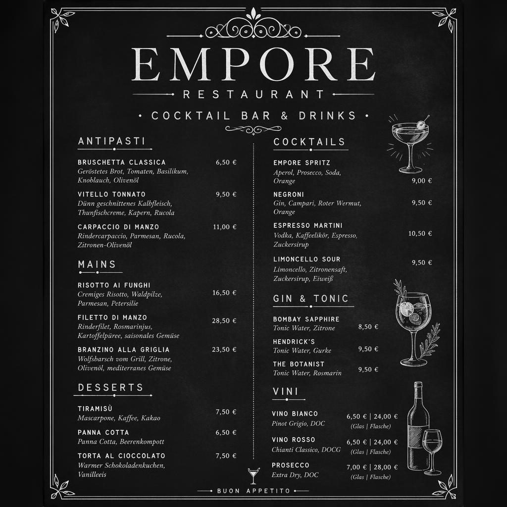 A4-Getränkekarte für empore restaurant im monochromen Kreidetafel-Stil mit dekorativer Kopfzeile und Preis-Spalte.