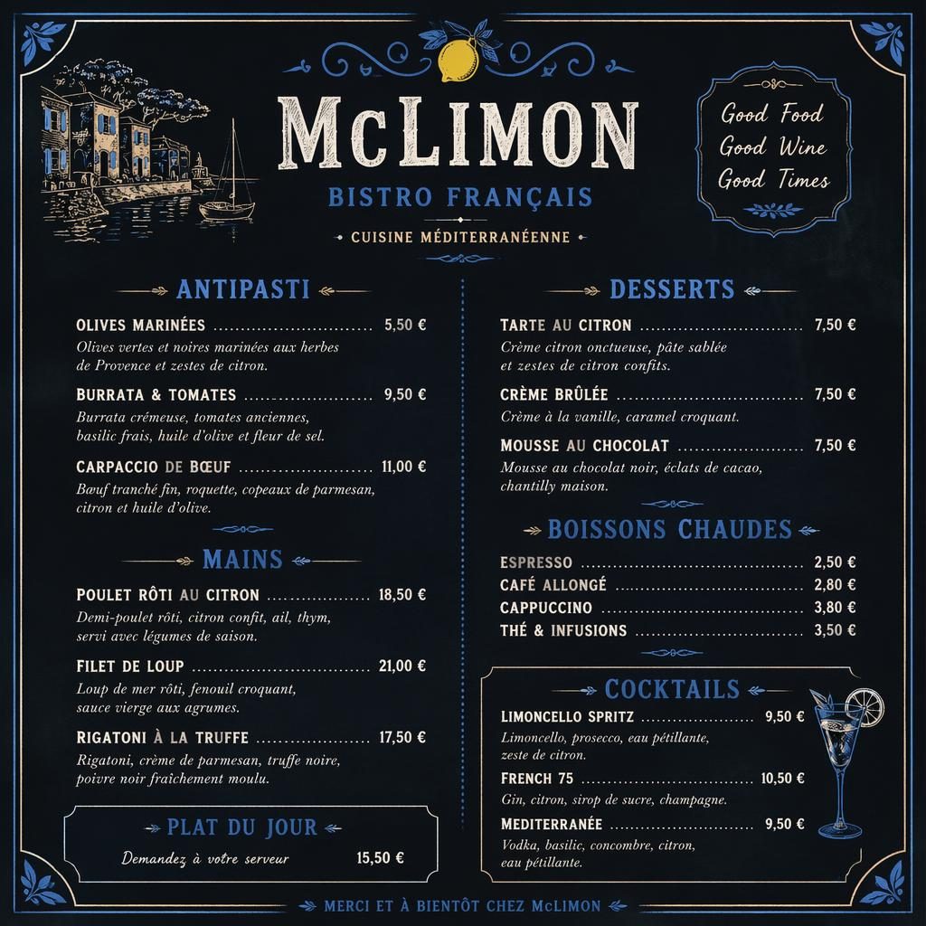 A4 koktejlový lístek mclimon menu v křídovém stylu, modro-krémová paleta, dekorativní záhlaví a ceny