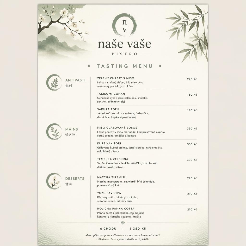 A4 menu karta na výšku pro pekárnu a patisserie, japonský kaiseki styl, šalvějová a slonovinová paleta, ceny