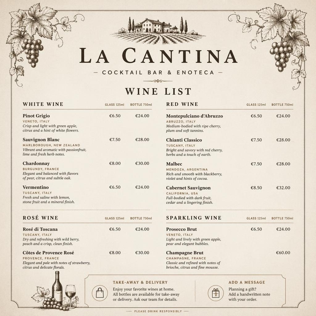 A4 portrait restaurant menu card with rustic warm monochrome design, decorative header, placeholder wine items and prices.
