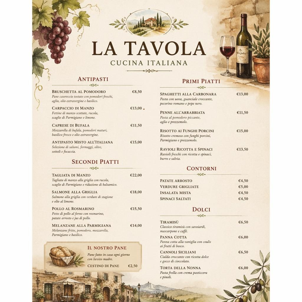 Carta hosteleria italiana tipo lista de vinos en formato A4 vertical, con acuarela cálida, encabezado decorativo y precios.