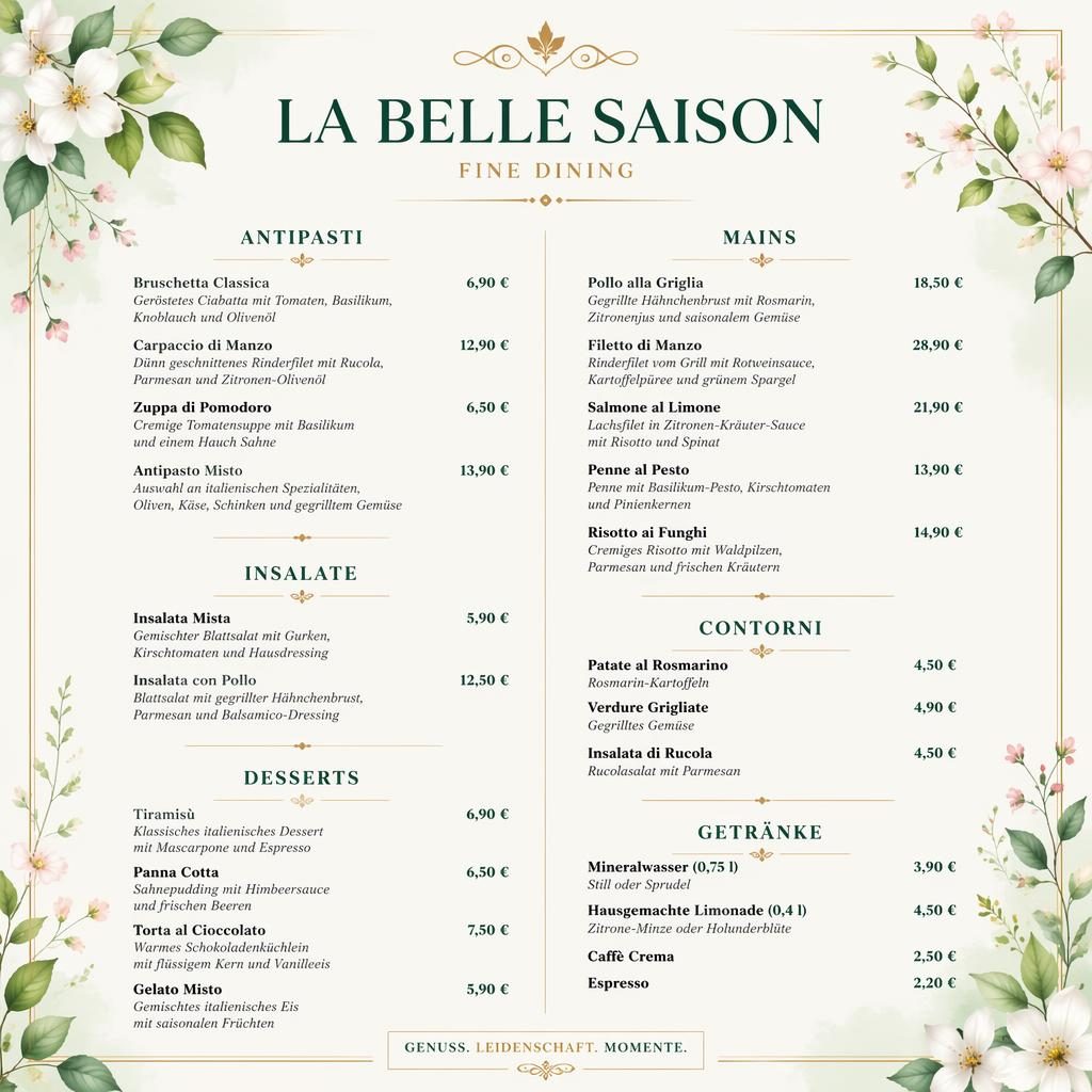 A4-Menükarte im Hochformat mit dekorativem Header, Rubriken, Platzhaltertext und Preisspalte im luxuriösen Frühlingsstil