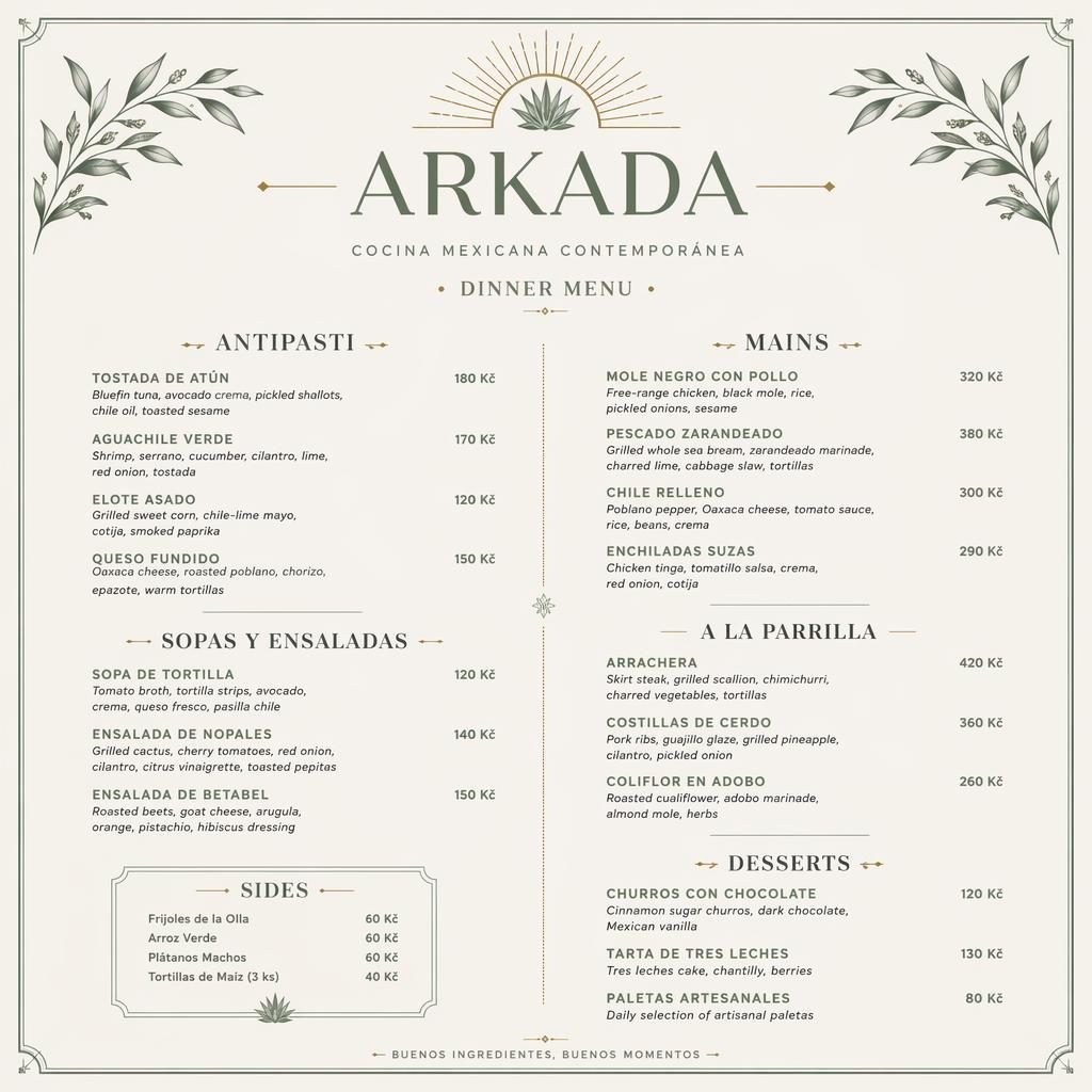 Luxusní mexický jídelní lístek arkada menu ve formátu A4, paleta šalvějová a slonovinová, sekce, ceny a dekorativní záhlaví.