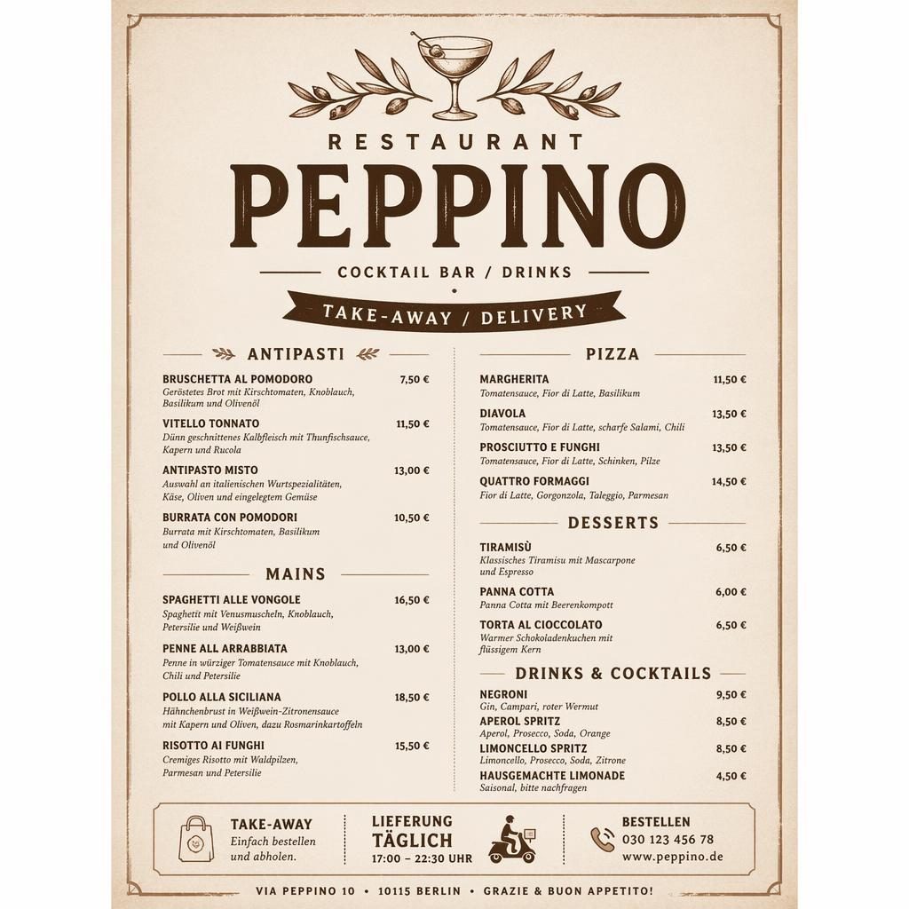 A4-Menükarte für Restaurant Peppino im rustikal-warmen, monochromen Stil mit Überschriften, Platzhaltertext und Preisspalte.