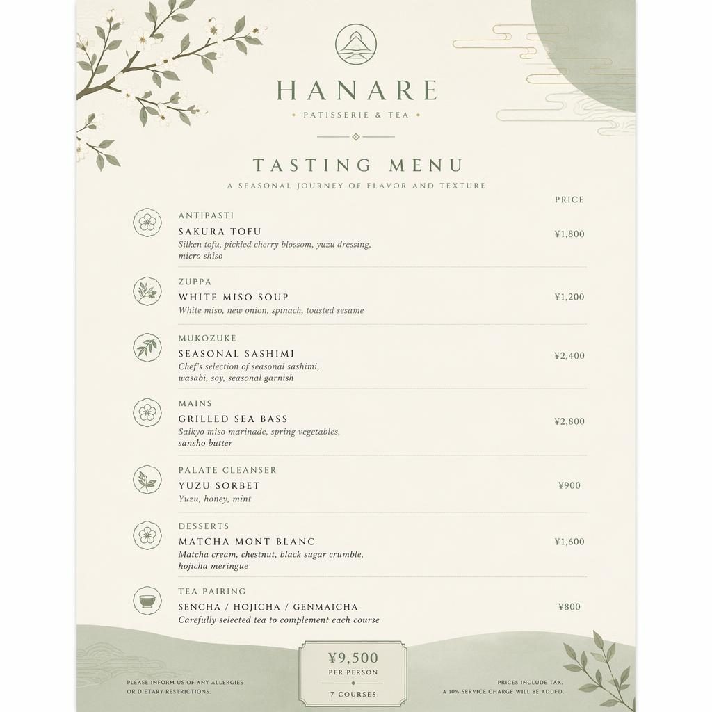 A4 portrait bakery tasting menu card in sage and ivory, with decorative header, placeholder typography, dish descriptions, and prices.