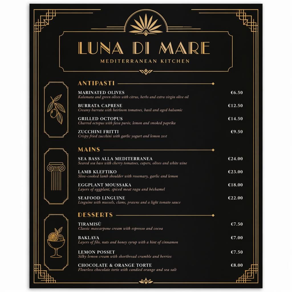 A4 portrait dessert menu card in art deco style with black and gold luxury accents, decorative header, placeholder dish names, descriptions, and prices.