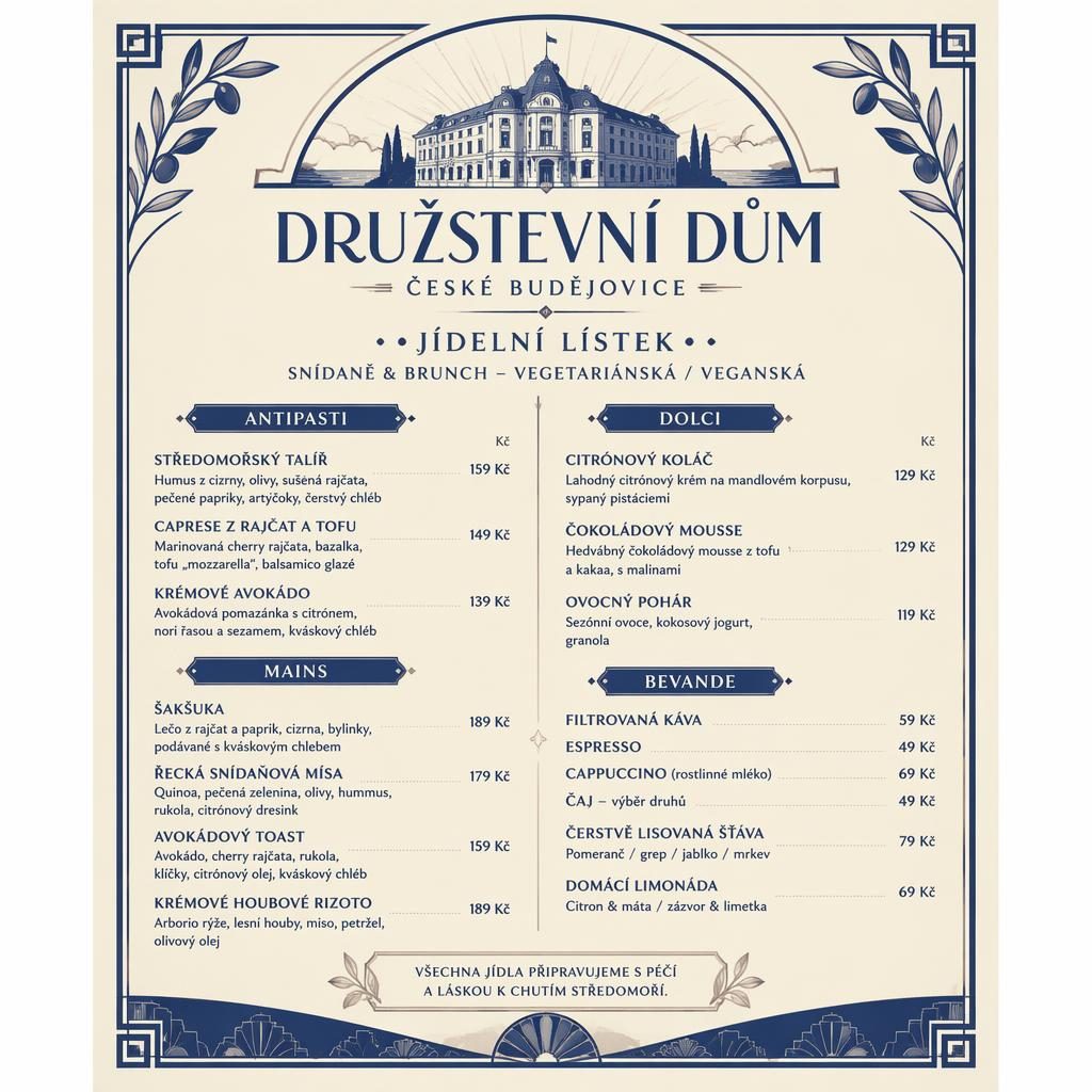 Vintage menu karta A4 na výšku v modro-krémové paletě, dekorativní hlavička, sekce brunch menu a sloupec s cenami.