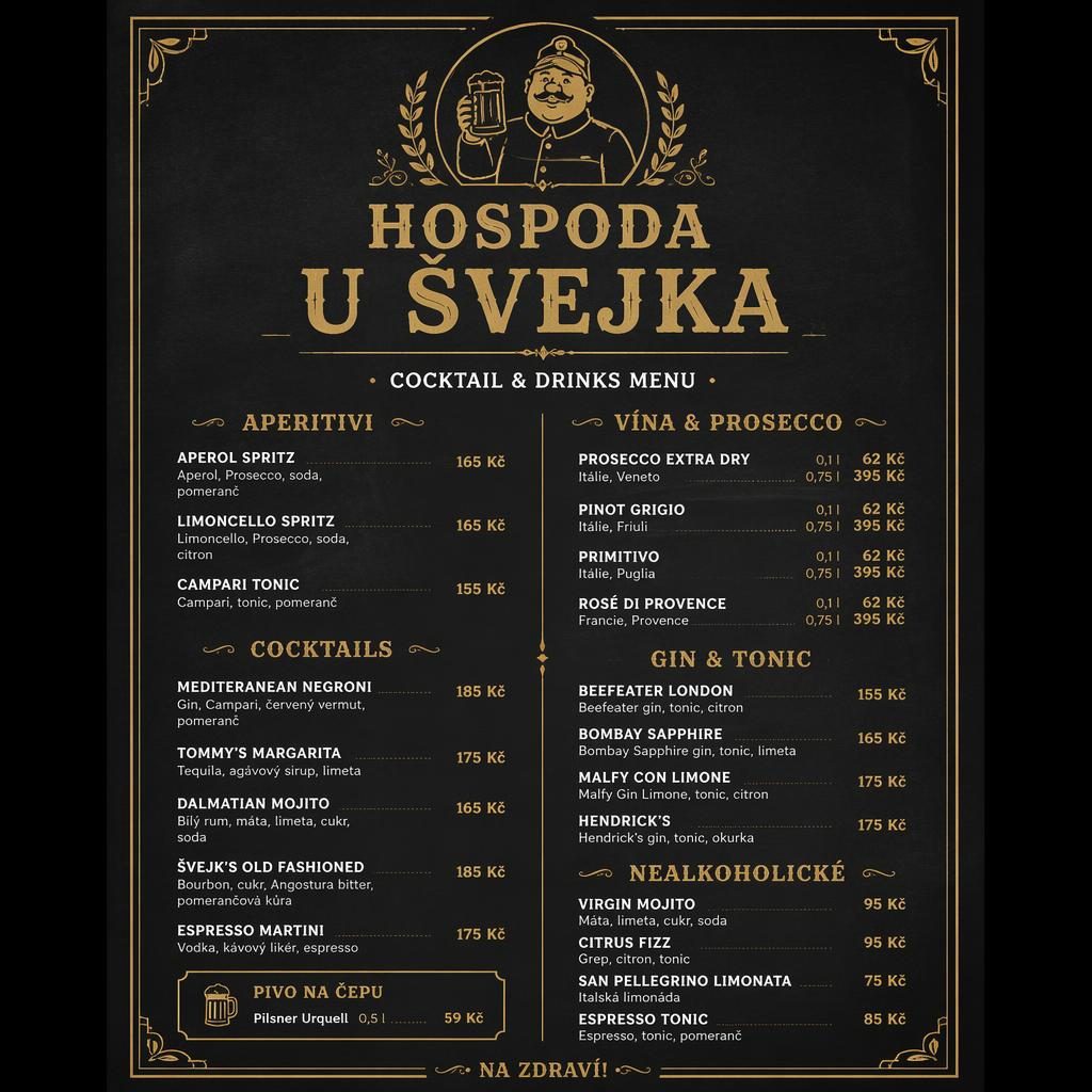 A4 koktejlový jídelní lístek pro hospoda u švejka, černá tabule se zlatými detaily, dekorativní hlavička a ceny.