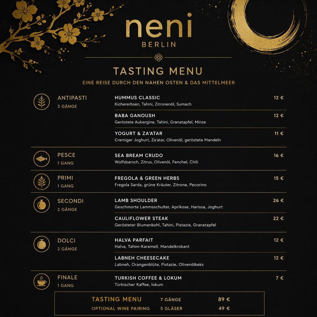 A4-Menükarte im Kaiseki-Stil in Schwarz und Gold mit dekorativer Kopfzeile, Platzhaltertext, Preisleiste und mediterranen Gängen.