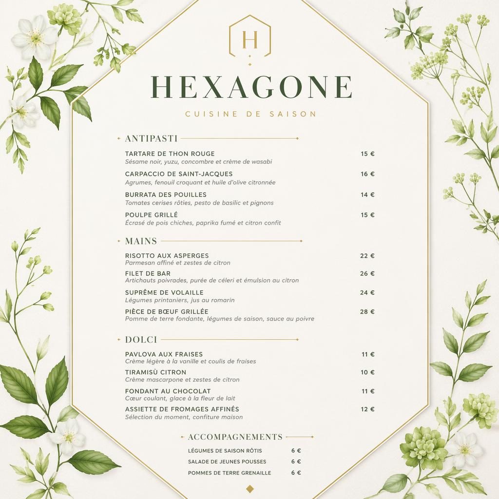 Carte de menu dîner A4 en portrait pour restaurant hexagone, style gastronomique luxe, palette printanière, sections et prix.