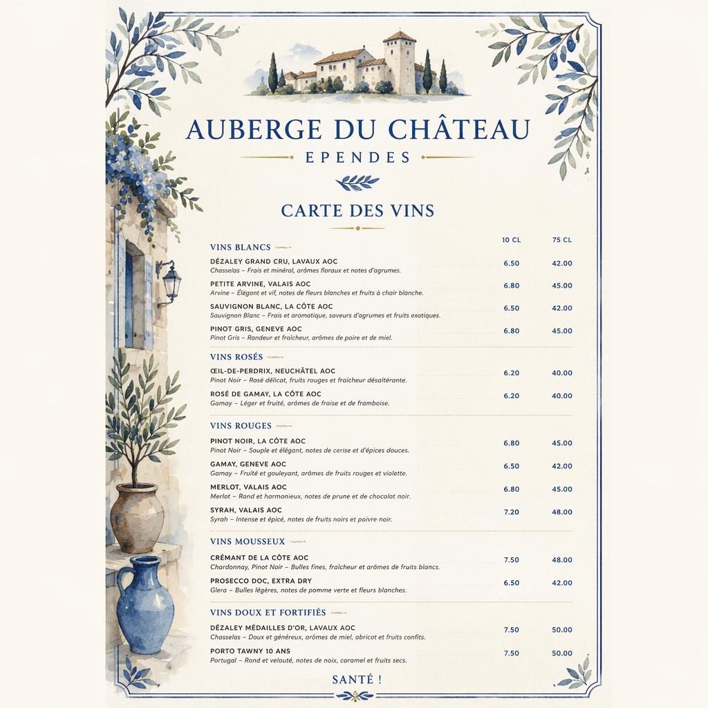 Carte des vins A4 en portrait, style aquarelle bleu méditerranéen et crème, avec en-tête décoratif et colonnes de prix.