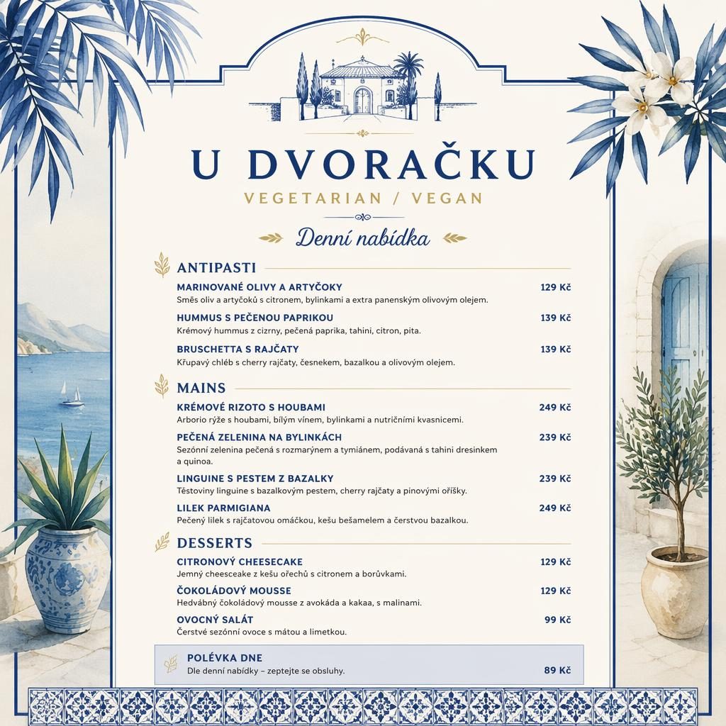 A4 menu karta pro u dvoracku v modro-krémové paletě, s dekorativní hlavičkou, sekcemi jídel a sloupcem cen.