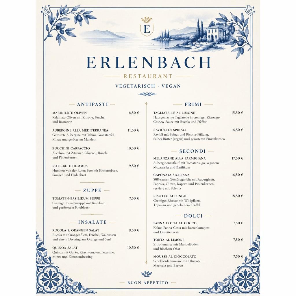 A4-Menükarte für Erlenbach Restaurant in Blau-Creme, vegane und vegetarische Dinner-Gerichte mit Preisspalte.