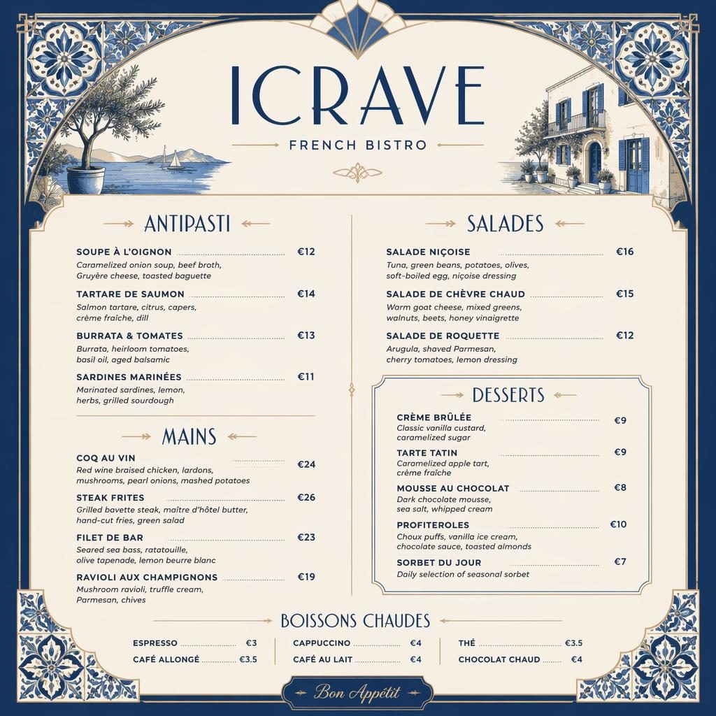 A4 portrait dessert menu card for a French bistro with art deco styling, blue and cream palette, header, sections, dishes, and prices.