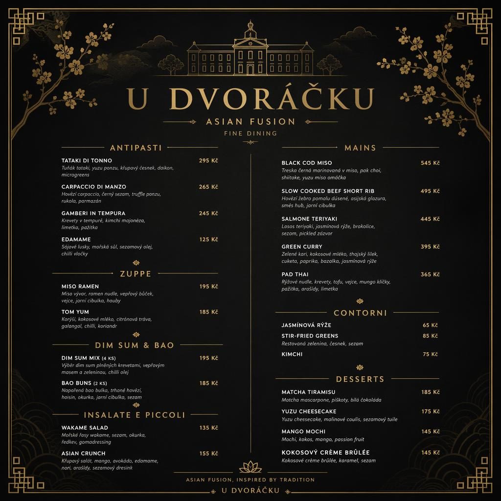 A4 menu karta restaurace u dvoracku, černo-zlatý luxury design, sekce jídel, popisy pokrmů a sloupec s cenami.