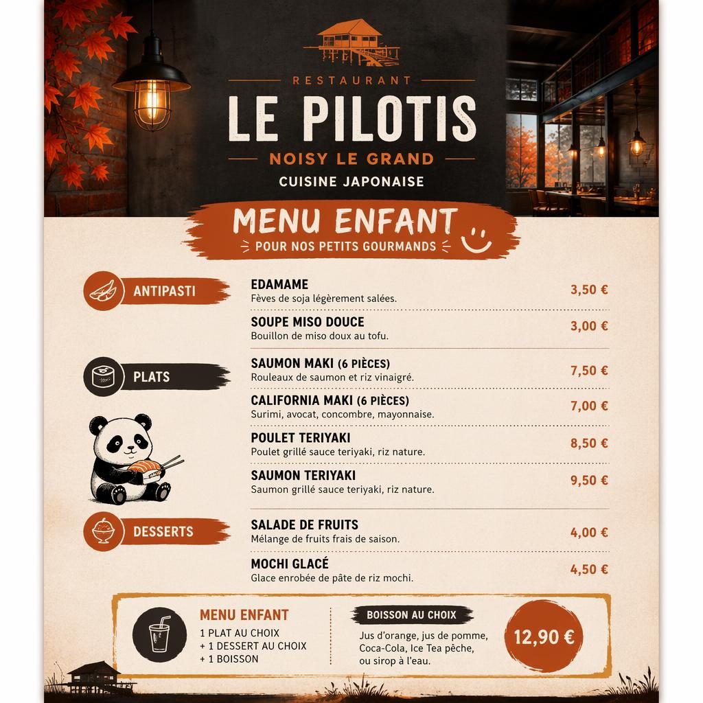 Carte de menu enfant sushi A4 en style loft industriel, palette automnale, avec en-tête décoratif, sections et colonne de prix.