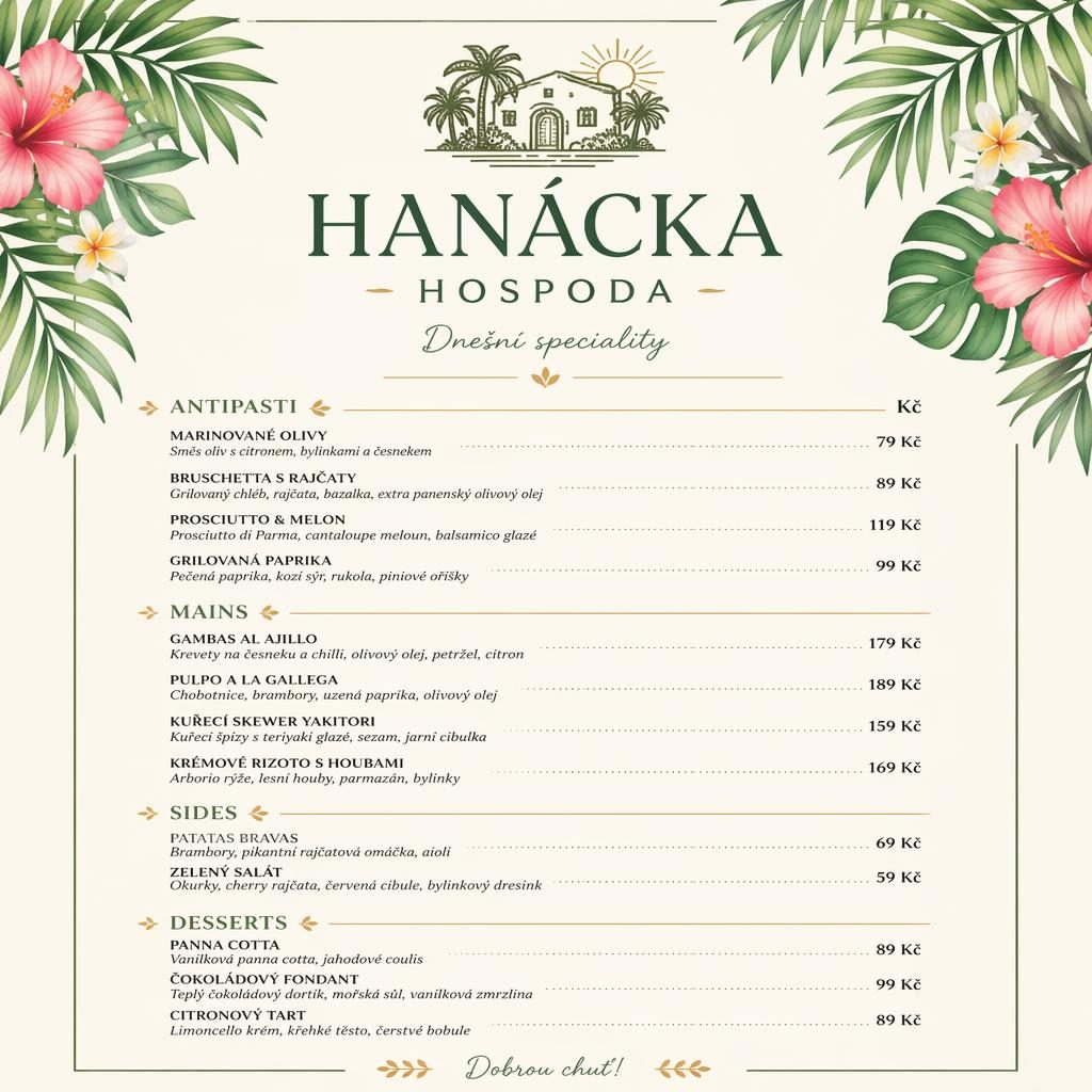 A4 menu karta pro hanacka hospoda na výšku, tropický resort styl, svěží jarní barvy, sekce jídel a sloupec cen.