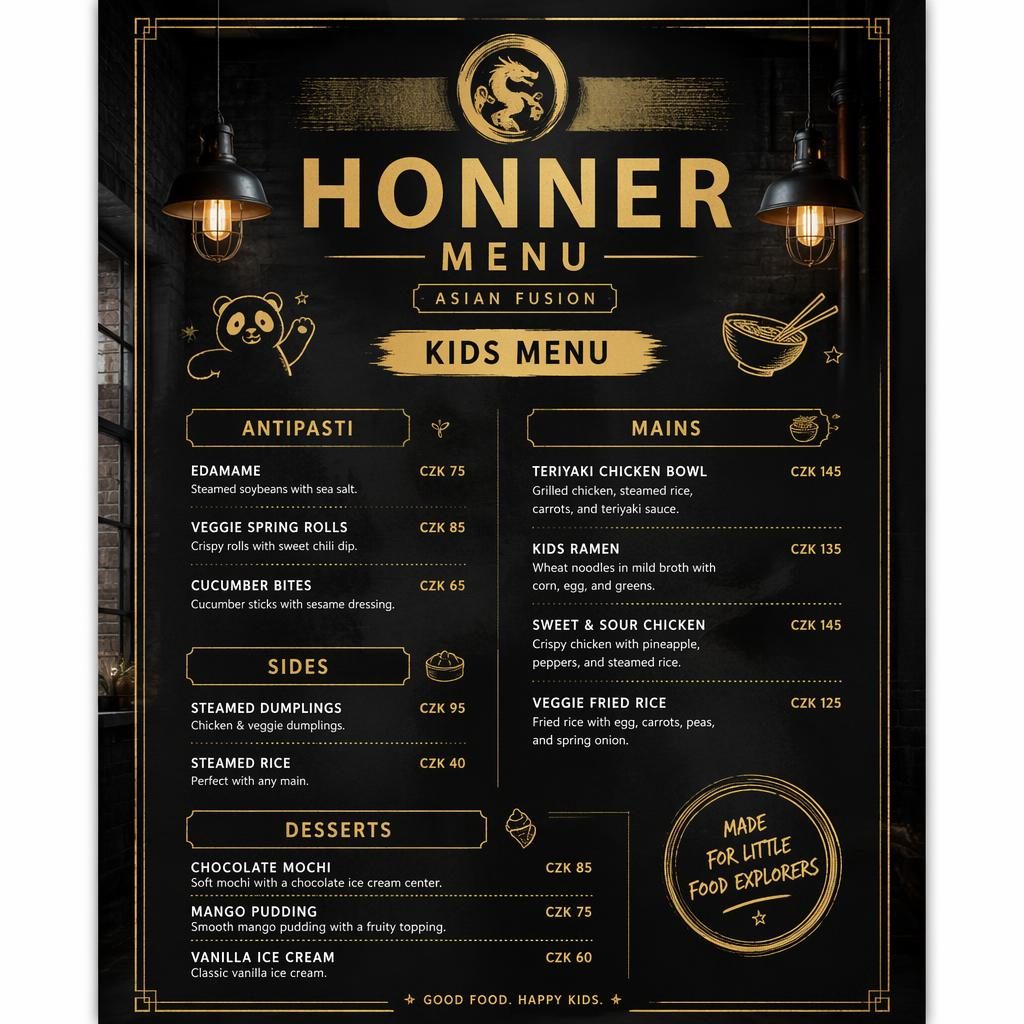 Tisková karta dětského honner menu ve formátu A4 na výšku, černo-zlatý industriální design s hlavičkou a cenami.