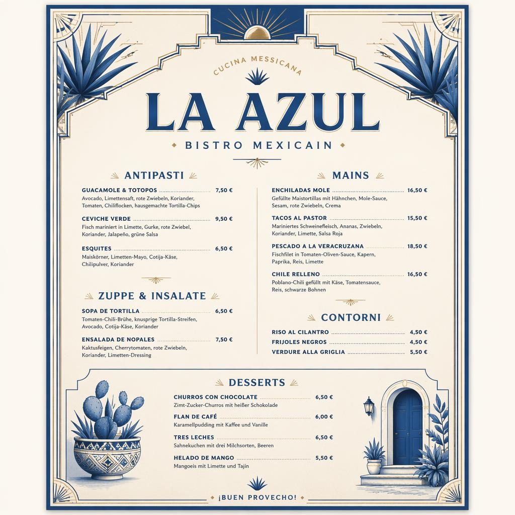 A4-Dessertkarte im Art-Déco-Stil in Blau und Creme mit dekorativem Header, Platzhaltertext und Preisspalte.