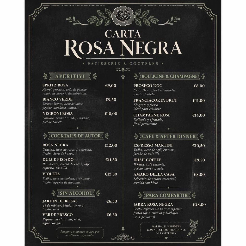 Tarjeta de menú A4 vertical para carta rosa negra, estilo pizarra café en tonos salvia e marfil con precios.