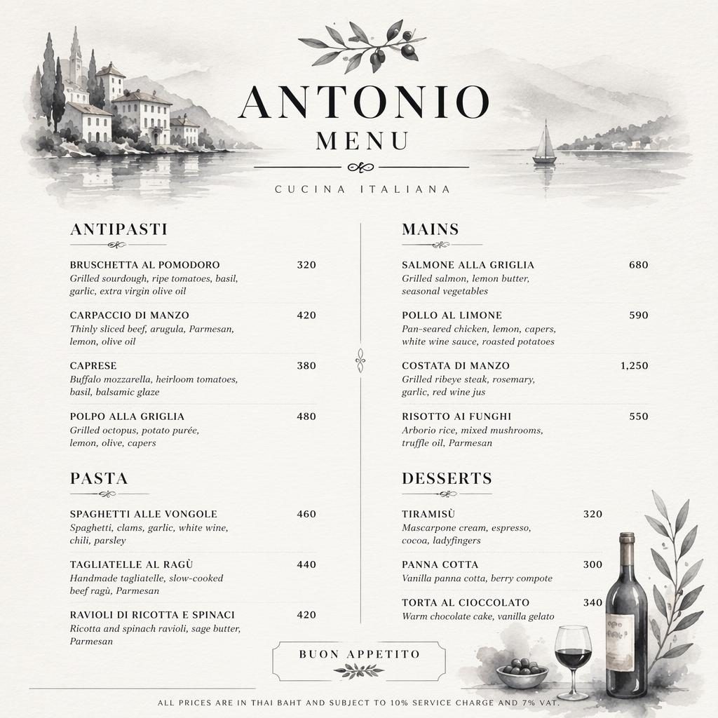 Akvarelový minimalistický vinný lístek A4 na výšku pro Antonio menu s dekorativní hlavičkou a cenovým sloupcem.