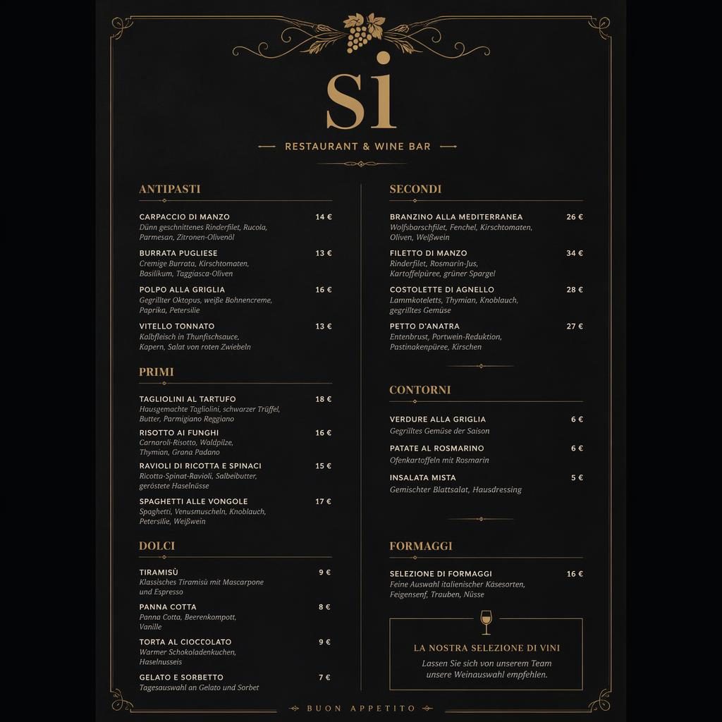 Elegante A4-Menükarte für Restaurant si mit dunkler, edler Farbpalette, Abschnittsüberschriften, Platzhaltertext und Preisen.
